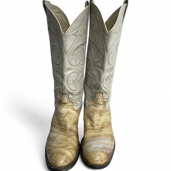 Larry Mahan Leather Ivory Western Biker Cowboy Boots Men's 8.5 D Vintage - Picture 13 of 13